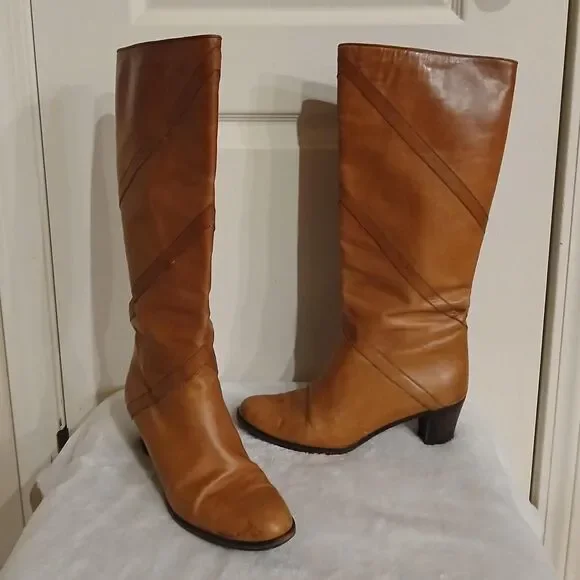 Vintage Celine Brown Leather Knee High Boots EU 39 Patina Distressed Old Money - Picture 1 of 8